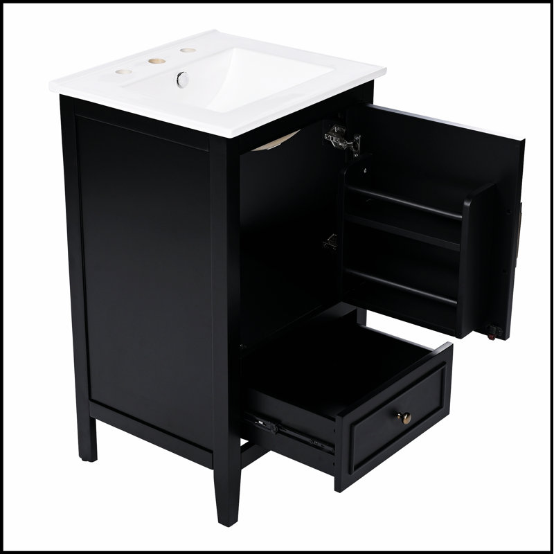 Élégant meuble-lavabo de salle de bain de 20 pouces avec lavabo, armoire à deux portes, tiroir et patins réglables noirs