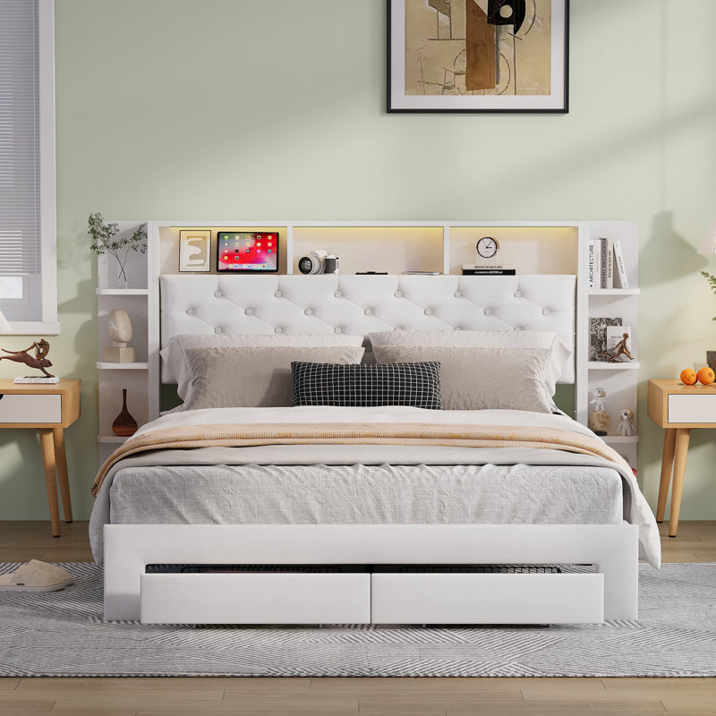 Velvet Bed Frame With LED Headboard, USB & USB-C, Storage Shelves & Side 4-Tier Bookshelves, 2 Drawers