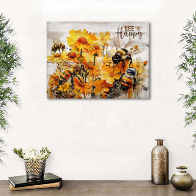 Yellow Daisy Wall Art Bee Wall Decor Bee Happy Sign Flower Kitchen Pictures Wall Decor Farmhouse.