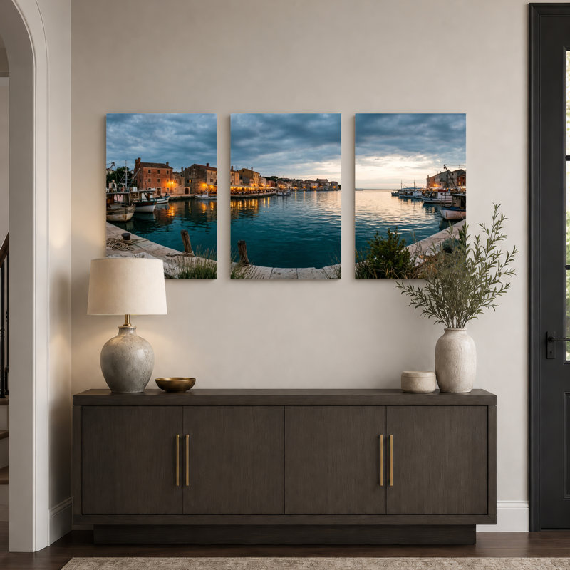 Ensemble de 3 toiles murales « Coucher de soleil sur le port » pour la décoration du salon, de la chambre et de la maison