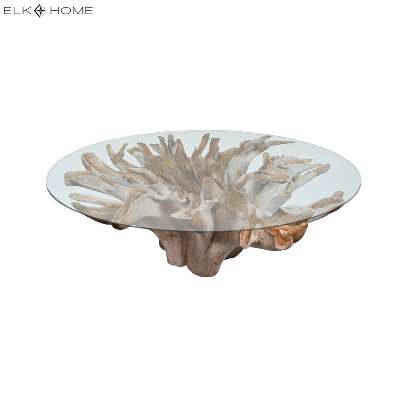 Ursela Round Natural Wood and Glass Extendable Dining Table