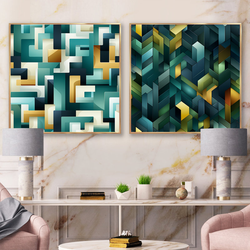 Cubes Oasis géométriques III - formes abstraites, ensemble de 2 carrés, Cadre flottant doré, H 16 po x l 33 po