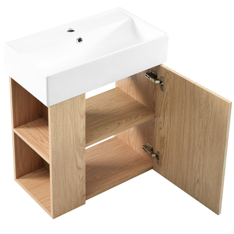 Meuble-lavabo flottant mural de 21,6 po, lavabo en céramique, porte ondulée, poignée en or rose, fermeture en douceur, rangement latéral, trou unique, meuble-lavabo compact, idéal pour les petits espaces