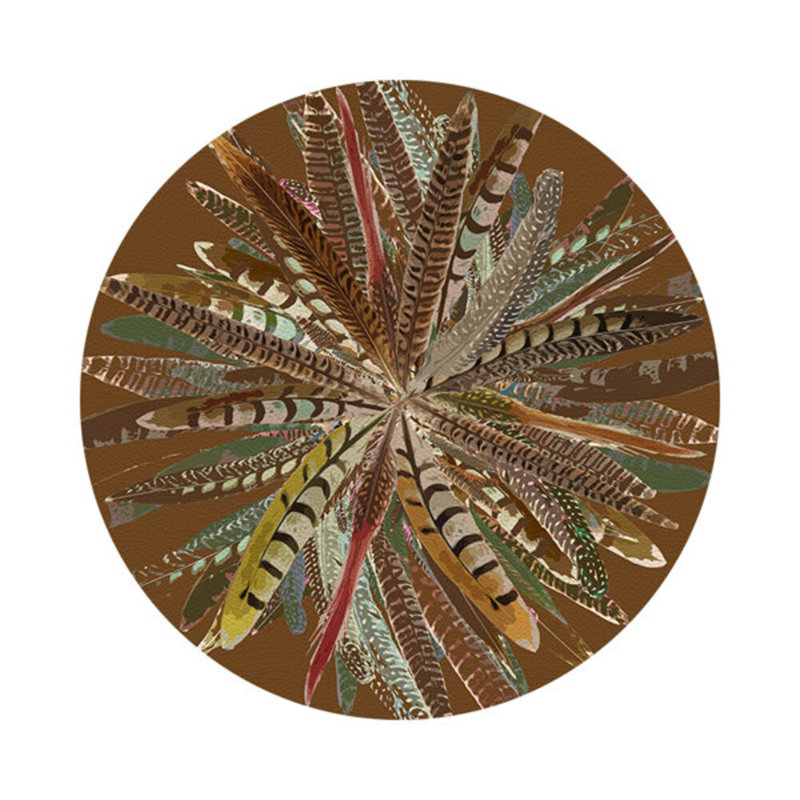 Pheasant Feathers Vegan Leather Round Pebble Placemat, Brown