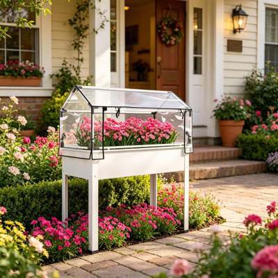 Jardinières surélevées, serre en acier blanc, jardin moderne