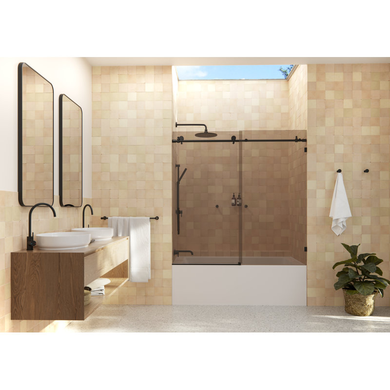 Equinox 56 - 60 in. x 60 in. Fully Frameless Bronze Tinted Sliding Bathtub Door, Black