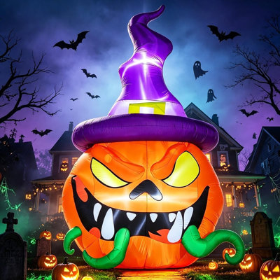 Giant Pumpkin Witch Hat Inflatable with Vines and Built-In LED Lights, Spooky Halloween Blow-Up Decoration for Yard, Lawn, Garden, Patio and Holiday Parties