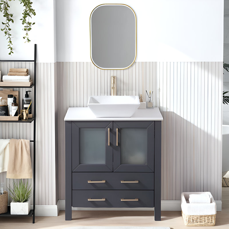 Meuble-lavabo autoportant moderne 30 po avec plateau en céramique, Doré