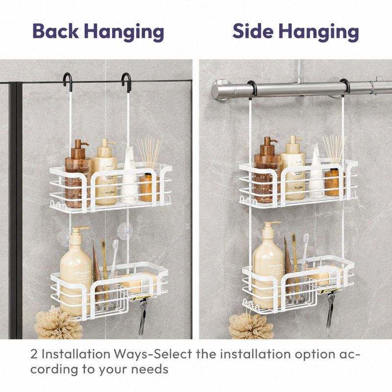 Over Door Stainless Steel Shower Caddy with Hooks & Soap Tray