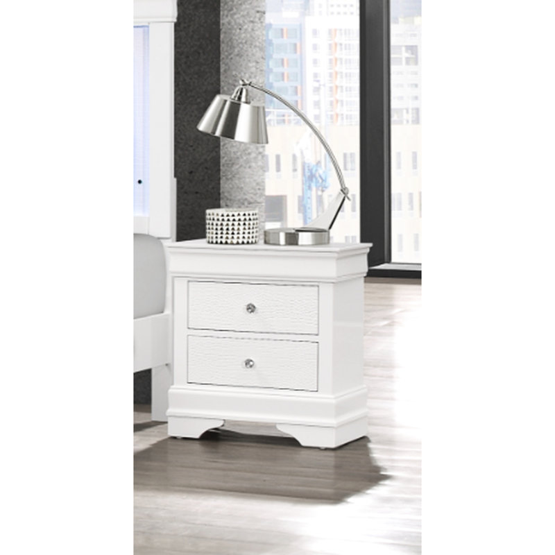 Table de chevet blanche en bois massif blanc avec tiroirs avant texturés et embellissements en cristal, Blanc