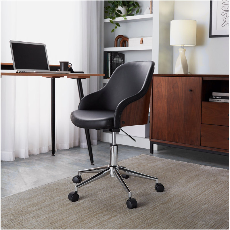 Chaise de bureau en métal, bois de noyer et similicuir brun, Brown, Argent