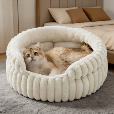 Cream-Colored Round Cat Bed, 20X20x8 Inches, Made Of Comfortable Fleece Corduroy With A Non-Slip Bottom, Machine Washable, Specially Designed For Indoor Cats.