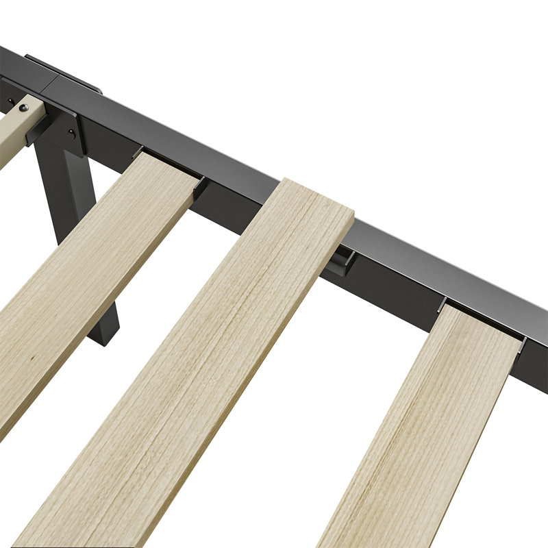 16 Inch Metal Platform Bed Frames With Wood Slat Support, Heavy Duty Mattress Foundation, Queen