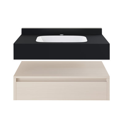 Avancer 36" Wall-Mounted Bathroom Vanity In Natural Oak With Black Marble Sink Top