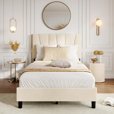 Twin Bed Frame with Headboard, Wooden Slats Support, White