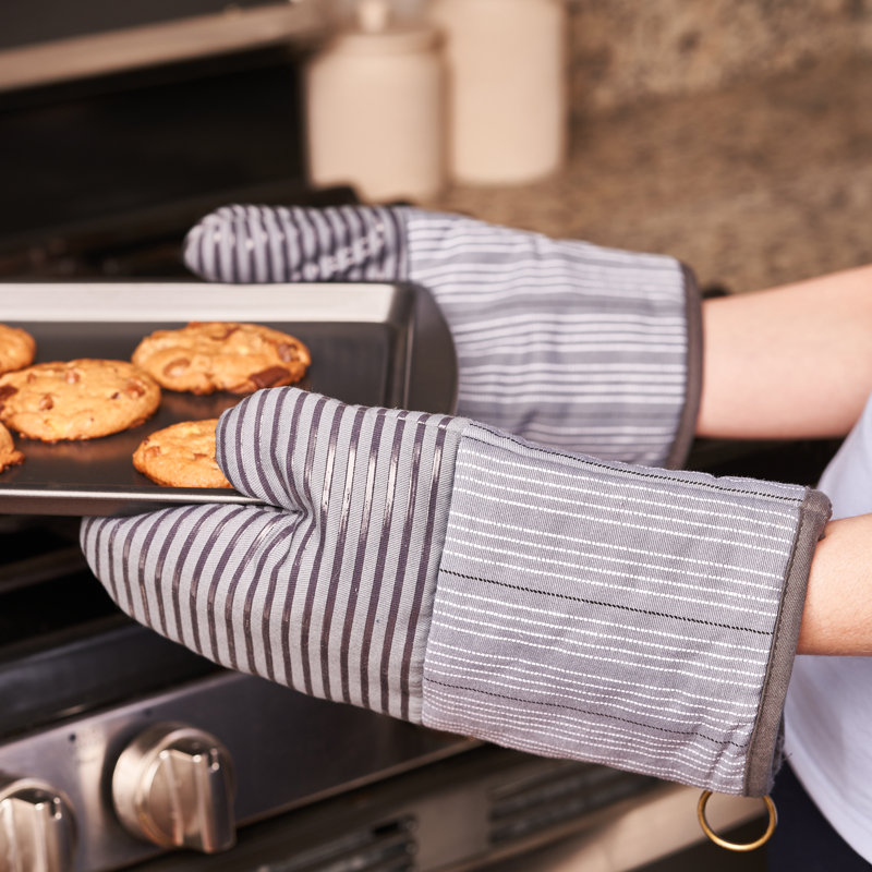 Gray Striped Cotton Oven Mitts with Silicone Grip Set