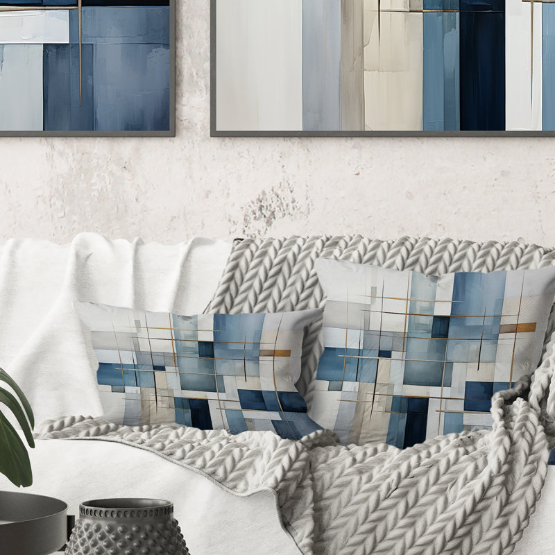 «Blue Grey Line Art Abstract Geometrics I» - Coussin décoratif imprimé, 18" x 18"