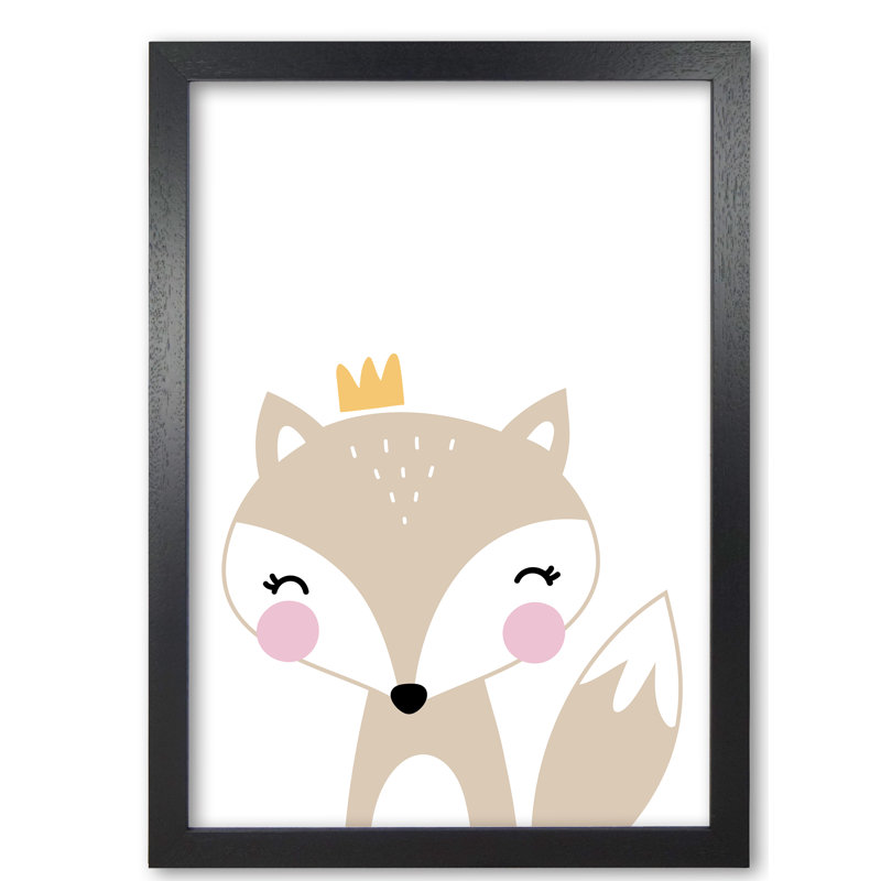 Scandi Fox With Crown - Print, 30 cm H x 21 cm W x 5 cm D, Black Grain Frame