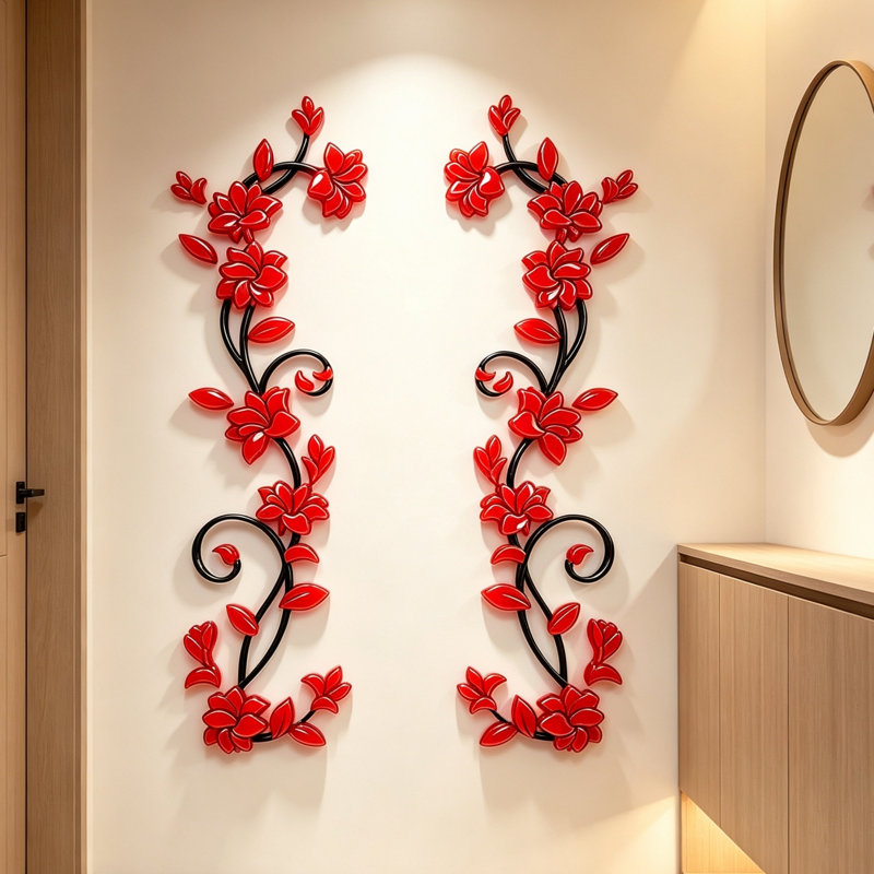 Autocollant mural 2 pièces acrylique en cristal 3D Rose Vine, art mural décoratif pour fond de canapé de chambre à coucher, branche noire avec fleur rose rouge