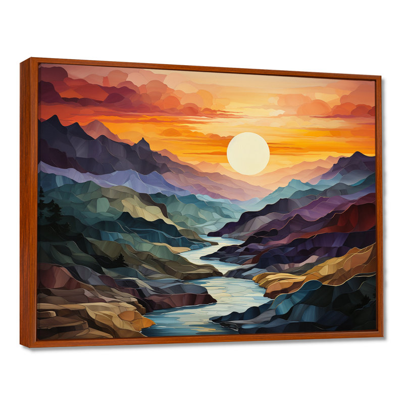 «Orange Teal Mountains Bold Landscape», reproduction d'art sur toile, H 30 po x l 40 po x P 1,5 po, Brown Floater Framed