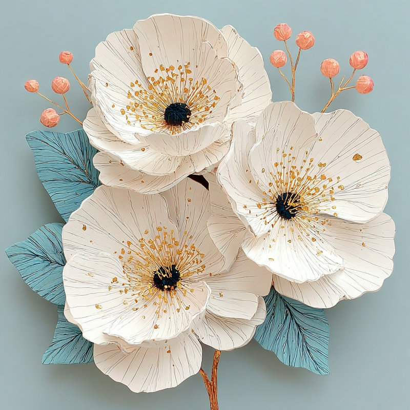 «Ivory Blossom Harmony», art mural sur toile 3D, H 20 po x l 20 po