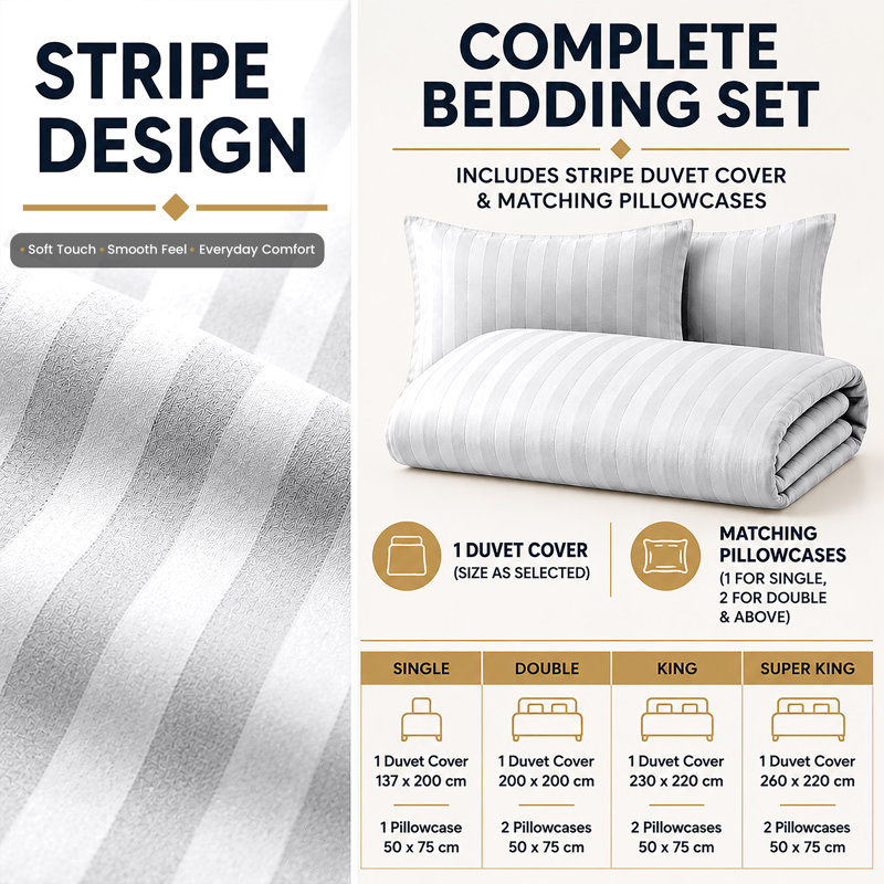 Microfiber Striped Duvet Cover Set with Matching Pillowcases and Stripe Fitted Sheet, White