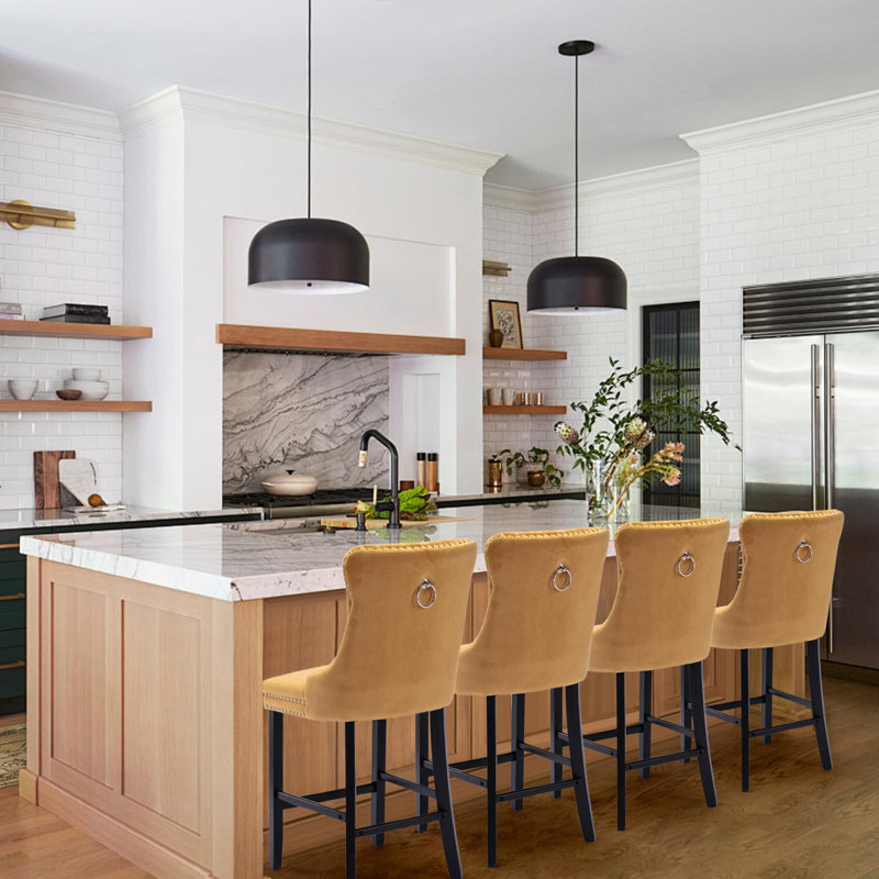 Modern Velvet Upholstered Bar Stools, Golden