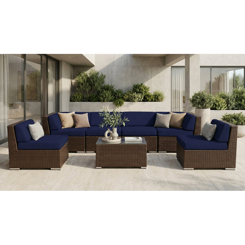 Ensemble de conversation en osier pour 6 personnes avec coussins Barneveld - sans assemblage, Toile Sunbrella® bleu marine