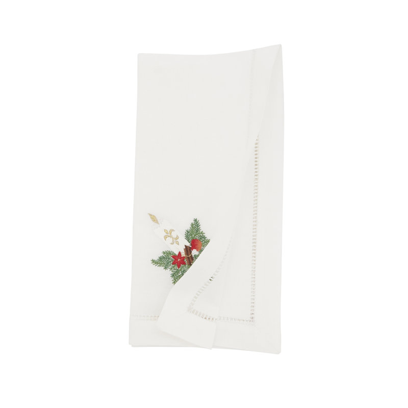 White Cotton Festive Candle Embroidered Napkins, Set of 6