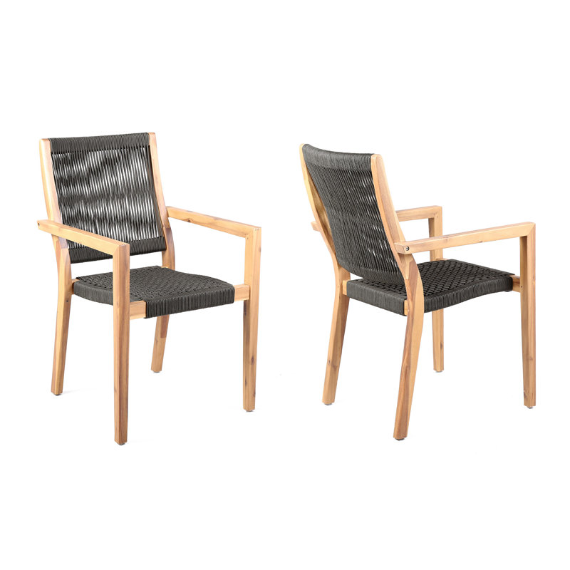 Chaises de patio d'extérieur modernes, bois d'eucalyptus et corde gris anthracite, ensemble de 2