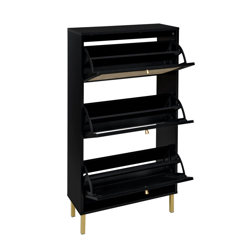Étagère à chaussures en rotin 3 portes, armoire de rangement pour chaussures moderne autoportante, Noir / doré