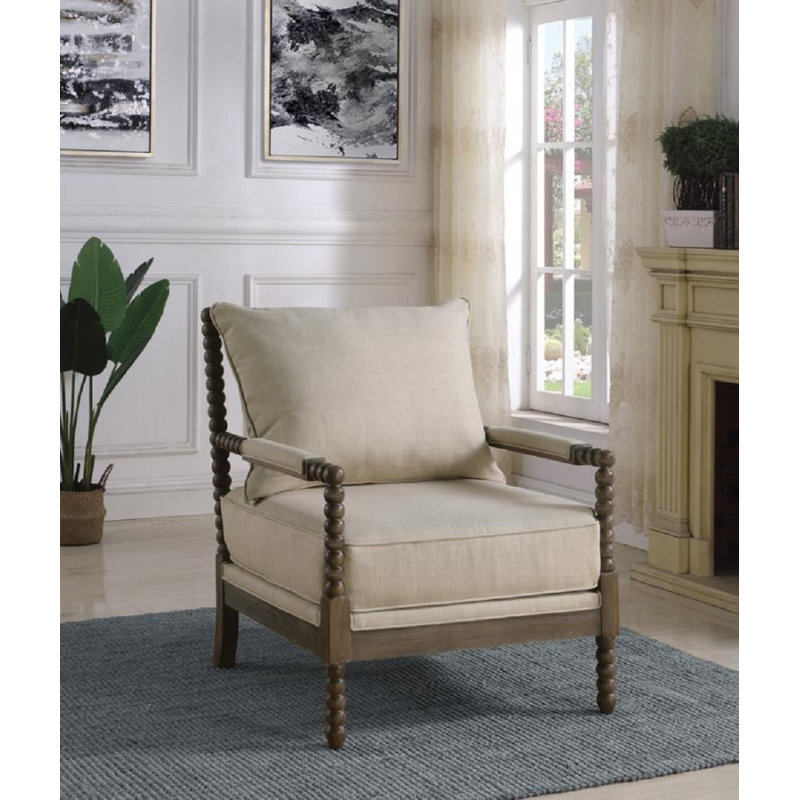 Herndon Upholstered Bobbin Accent Chair, White, Oatmeal Fabric