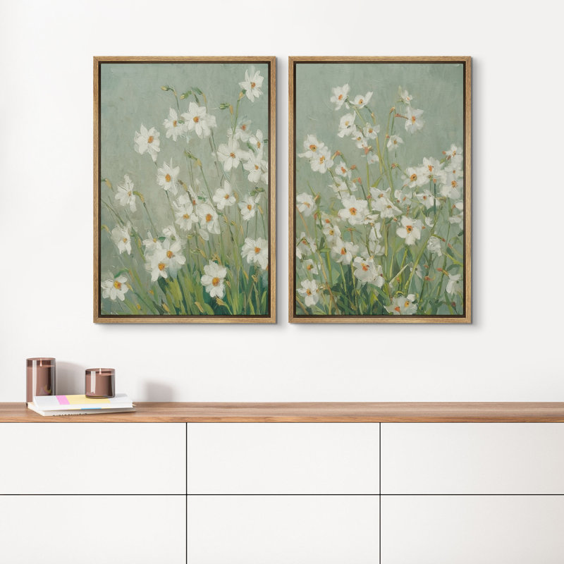 Soft White Floral Meadow in Green Tones Wall Art Decor Framed On Canvas 2 Pieces Print, 36" H x 24" W, Naturel