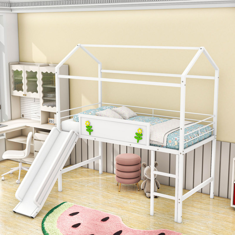 Lit mezzanine simple en métal avec glissoire et tableau d'écriture, Blanc