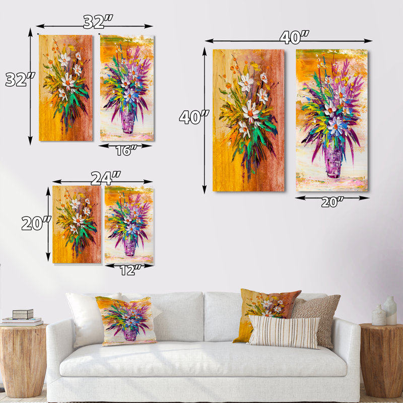 «Modern Bouquet of Daisy Flowers II», ensemble de 2 peintures sur toiles, Toile tendue, H 20 po x l 24 po x P 1 po