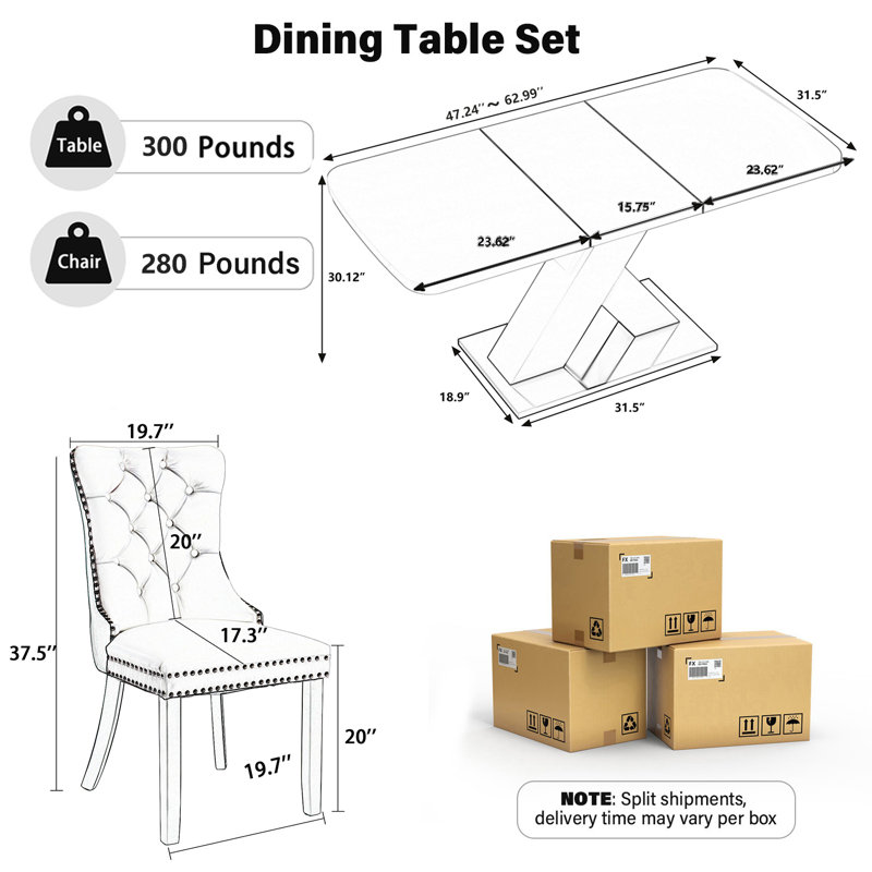 47.24''-63'' Extendable Dining Room Table Set, Black, 7, Matte White