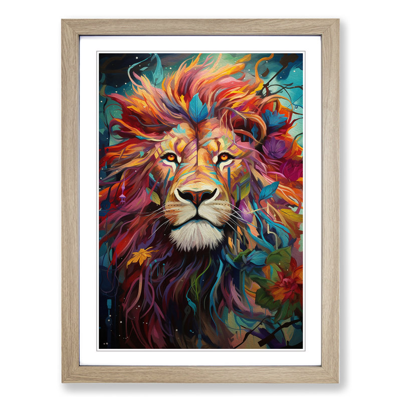 Lion Orphism - Single Picture Frame Print on Wood, 46cm H x 34cm W x 2cm D, Oak