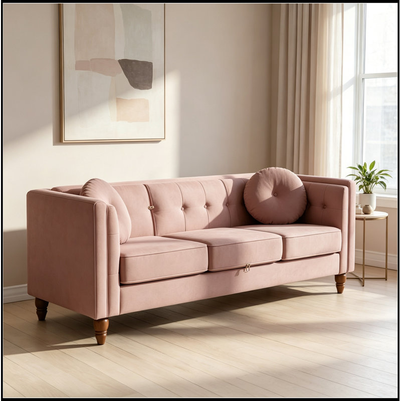 SVelvet rembourré avec accoudoirs carrés et coussins, Rose