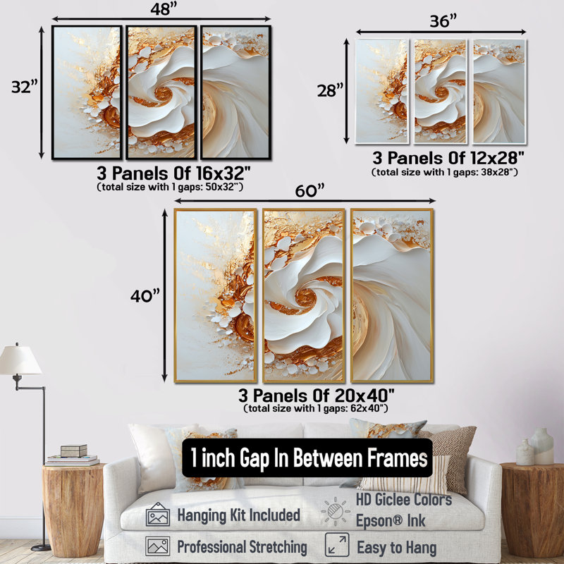 «White Gold Cosmic Dance Of Joy - Abstract Spirals», ensemble de reproduction d'art mural, Toile avec cadre flottant noir