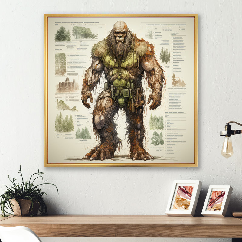 Schéma de dessin Bigfoot - Bigfoot Wall Art Living Room, Cadre flottant doré, H 16 po x l 16 po x P 1 po