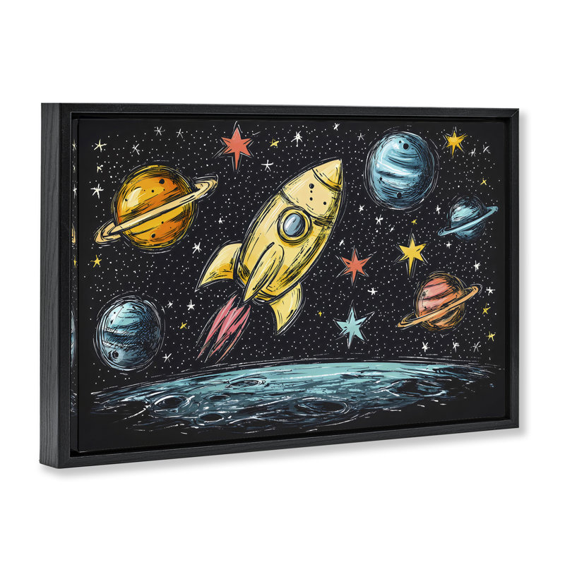 Cadre flottant Whimsical Rocket & Planets, design by Creative Studio, H 21 po x l 31 po, Cadre flottant noir de jais