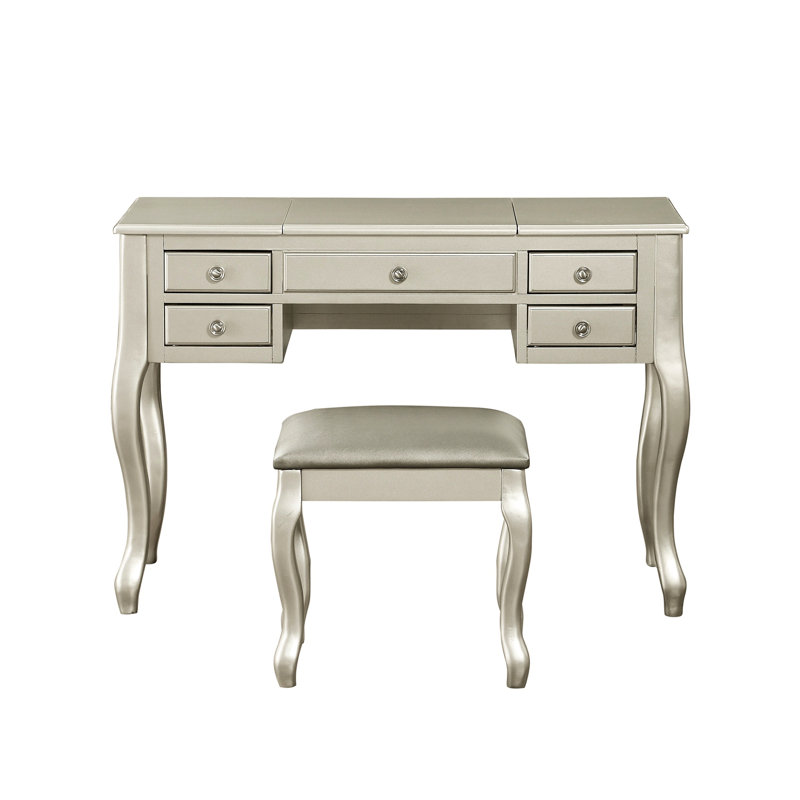 Meuble-lavabo contemporain en argent avec tabouret de siège à coussin, placage de peuplier, largeur de 18 po et miroir moderne en bois d'hévéa ouvert d'une hauteur de 39 po pour projet de transformation