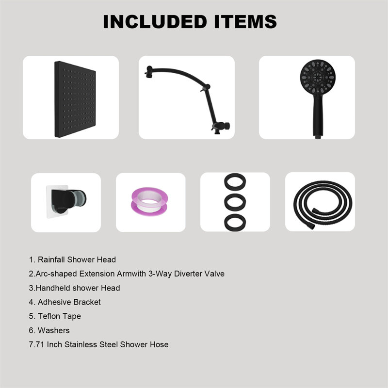 10-Inch Rainfall Shower Head With High-Pressure Handheld Spray, 16-Inch Adjustable Curved Shower Arm Extension, 7 Spray Settings, 71-Inch Hose & Sticky Shower Holder