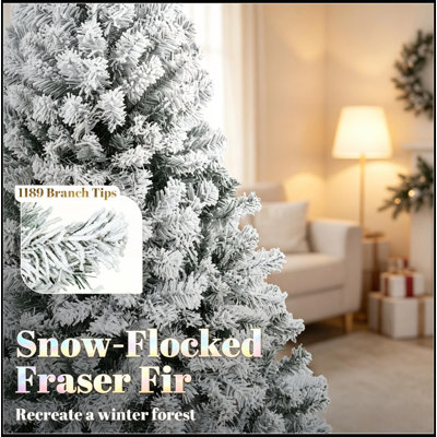 7.5 ft Pre Lit Flocked Fraser Fir Christmas Tree Hinged Branches Integrated LED Lights Foldable Metal Base