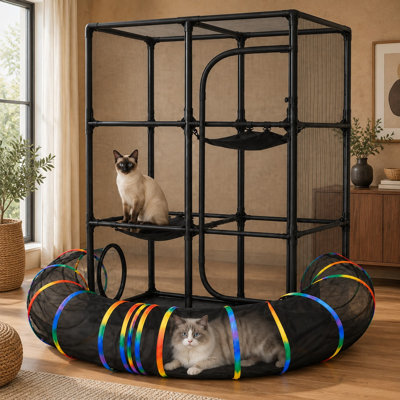 Pour une utilisation intérieure ou extérieure, cette enceinte pour chat Rainbow combine un tunnel incurvé de 113 po avec un parc de 35 po x 18,5 po x 51,5 po, un grimpeur à plusieurs niveaux et 2 hamacs; 9 notes globales.