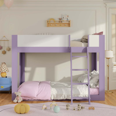 Low Bunk Bed, Wooden Convertible Bunk Bed with Reversible Ladder and Safety Guardrails