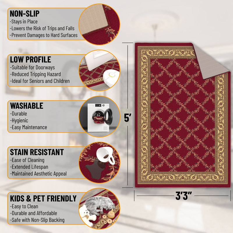 Red Trellis Pattern Non-Slip Synthetic Area Rug 3'3" x 5'