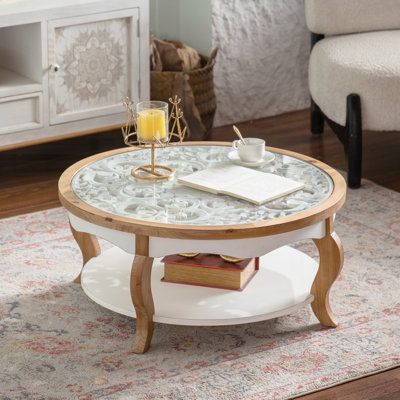 31.50 Inch Round Mayra with Open Storage - Solid Wood, MDF, and Tempered Glass Top, Farmhouse Style 2-Tier Design for Living Room