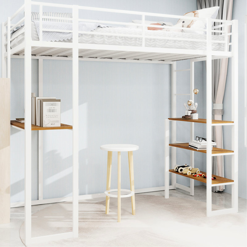 Lit simple à structure en fer blanc, rampe, escalier des deux côtés, peu encombrant, chambre à coucher, longue durée, plateau de table encastré, pieds à double support, épargne
