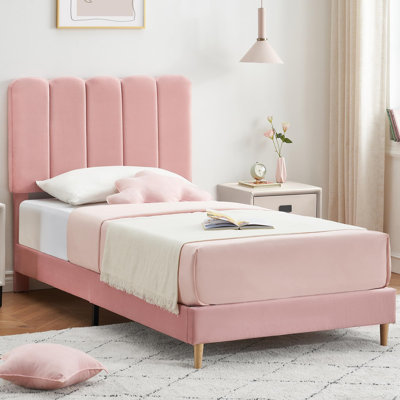Structure de lit simple, lit plateforme tapissier en velours avec tête de lit Wave pour filles / enfants, aucun sommier nécessaire